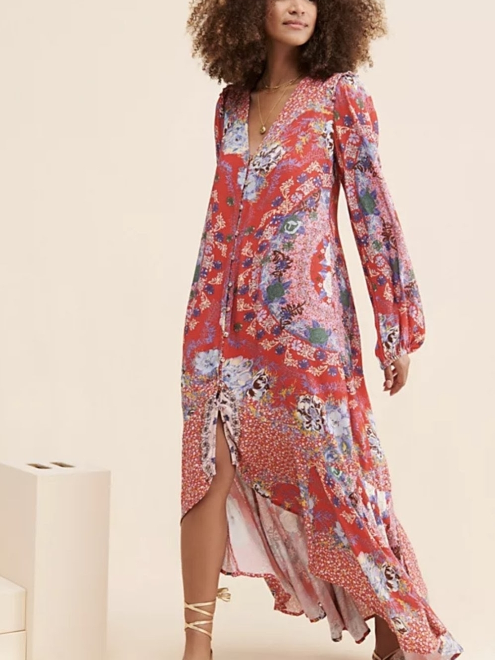 FREE PEOPLE Marais Dress. Boho Red Floral V-Neck Long Sleeve Maxi Dress